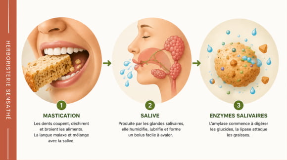 Schéma de la mastication montrant le rôle de la salive et des enzymes salivaires dans la digestion - Herboristerie Sensathé Schéma de la mastication montrant le rôle de la salive et des enzymes salivaires dans la digestion - Herboristerie Sensathé